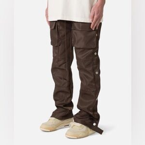 MNML,Snap Front Cargo Pants Brown Nylon Tactical Streetwear Relaxed Fit Utility